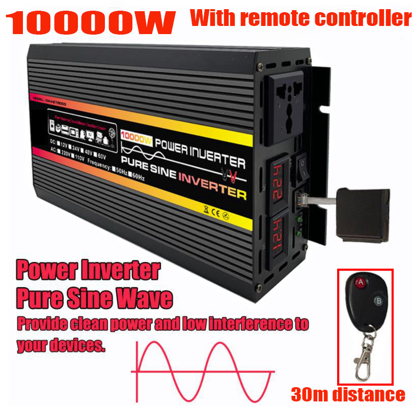 Black 10000W pure sine wave power inverter with digital displays, output sockets, and a wireless remote controller.