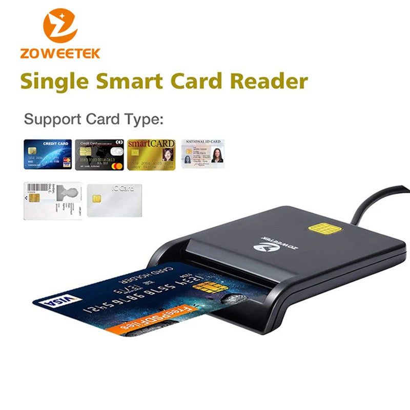 Black plastic Zoweetek smart card reader with a wired connection, shown reading a blue bank card.