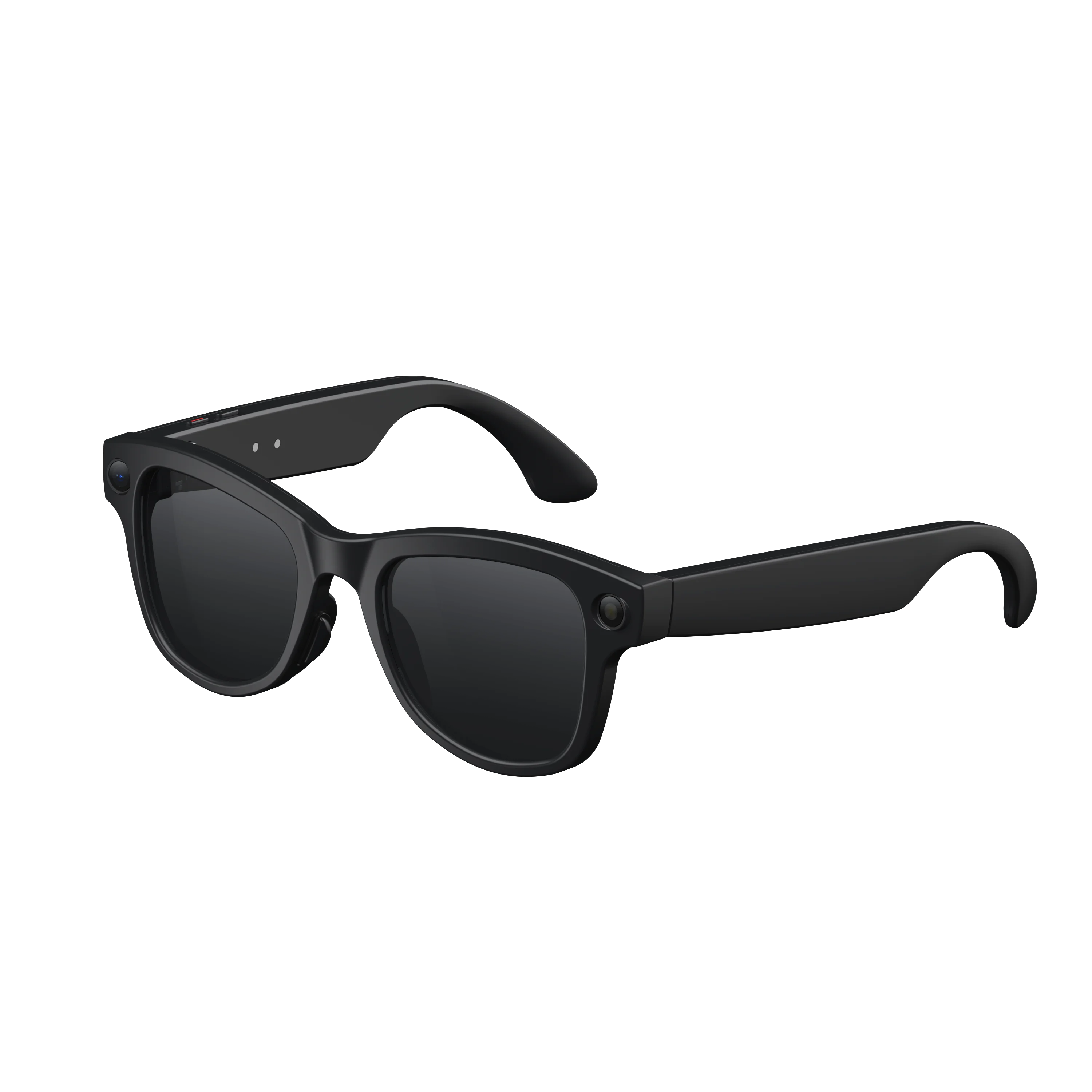 Black smart glasses with integrated HD camera lenses on the frames and Bluetooth audio built into the temples.