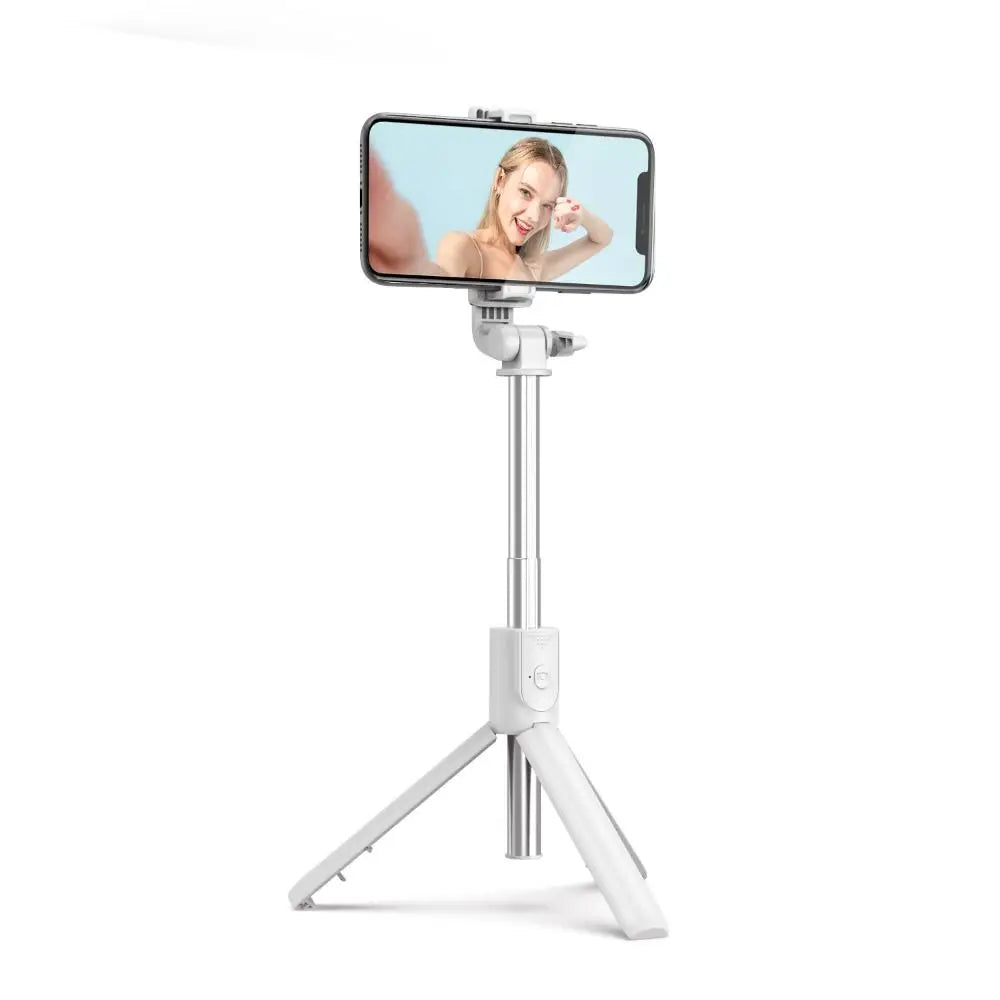White extendable smartphone tripod stand with a phone holder, perfect for selfies and stable video recording.