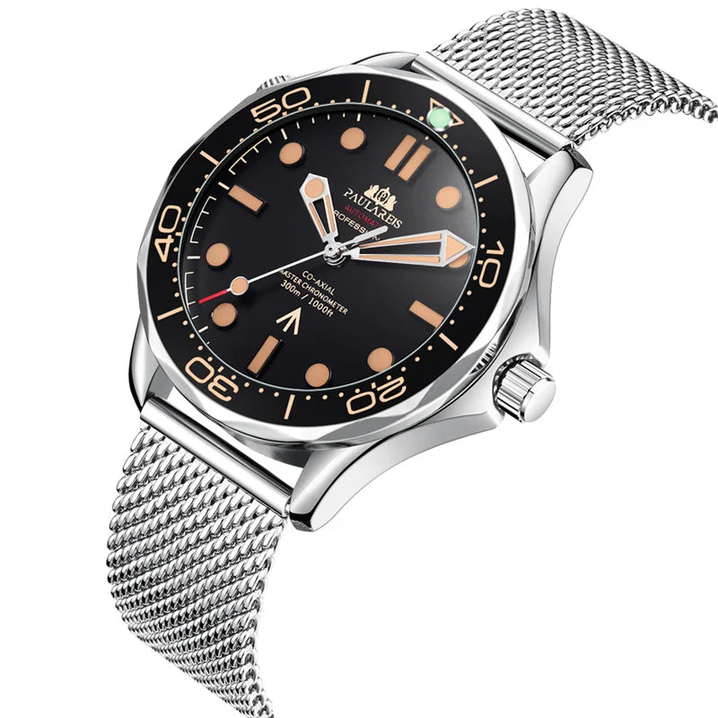 Classic men’s mechanical watch with a black dial, rose-gold details, and a silver-tone stainless steel mesh strap.