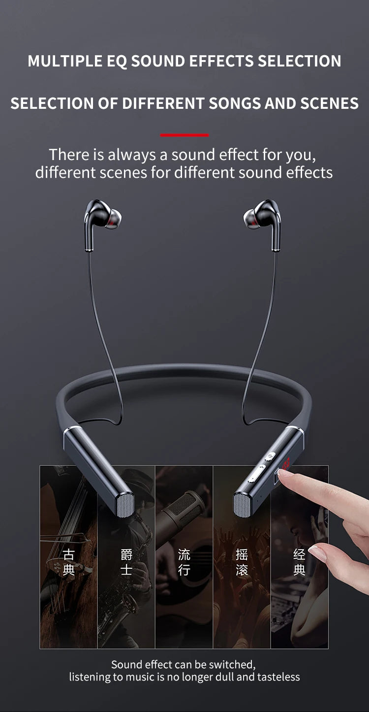 Black wireless neckband headphones with magnetic earbuds and touch-sensitive volume controls for adjustable EQ settings.