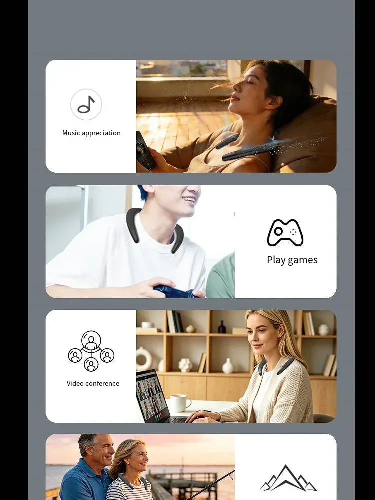 A sleek black, wearable wireless neckband speaker for music, gaming, video calls, and outdoor use.