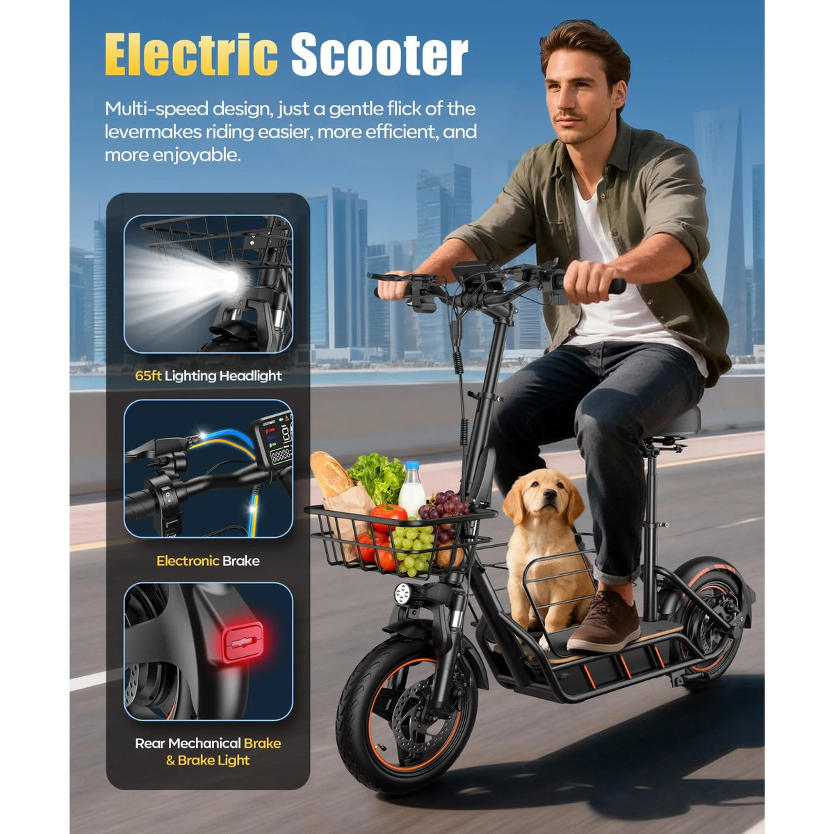 Black FREEBOY electric scooter with large tires, a seat, front shopping basket holding groceries, and a puppy rider.