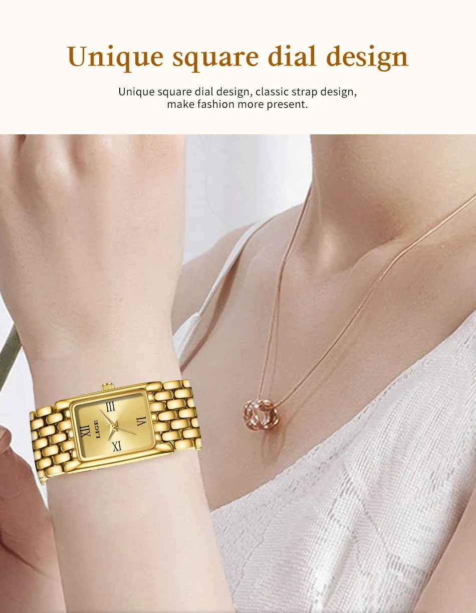 Elegant gold-toned ladies’ quartz watch with a unique square dial and a classic polished stainless steel link strap.