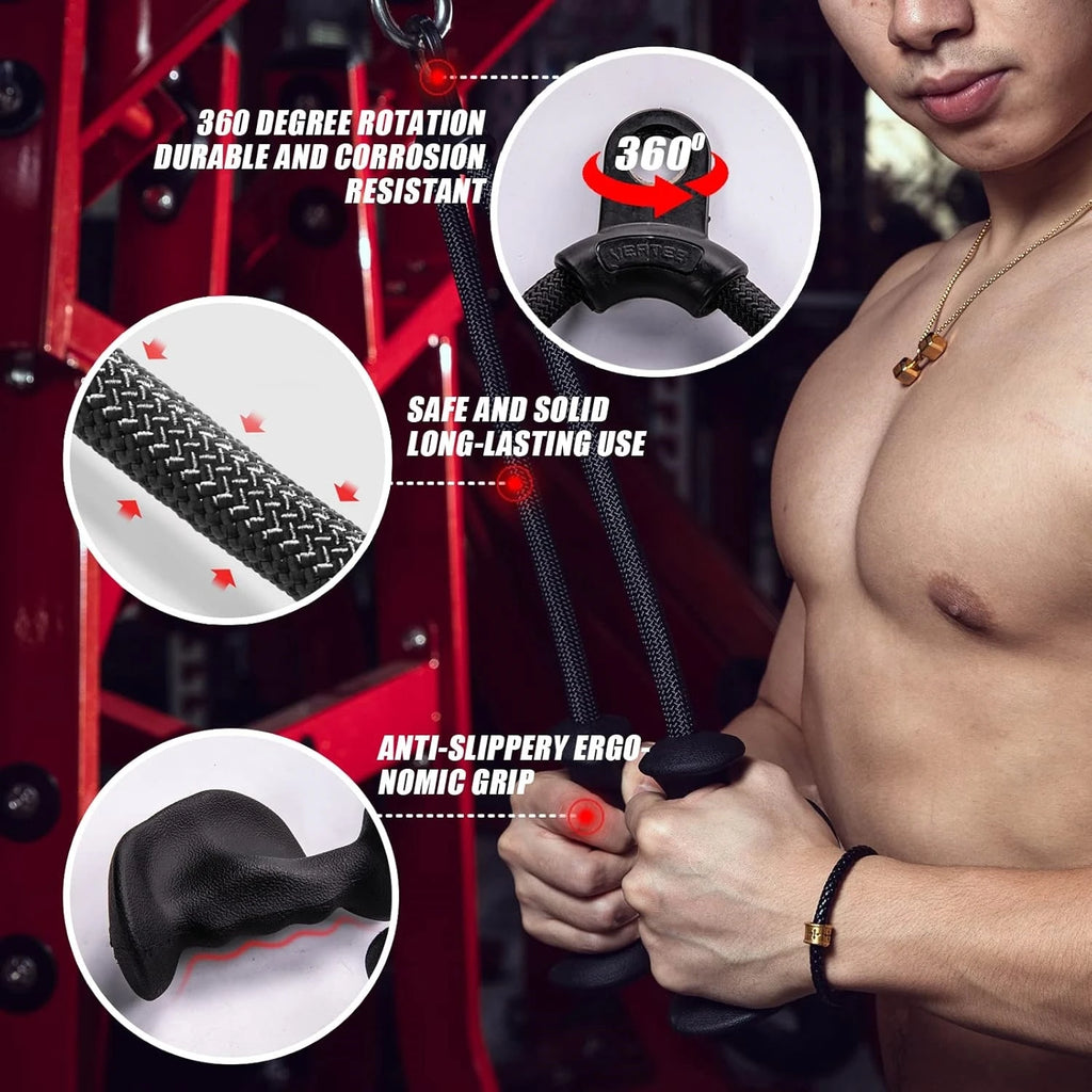 A shirtless man using a black tricep rope with insets highlighting its features.