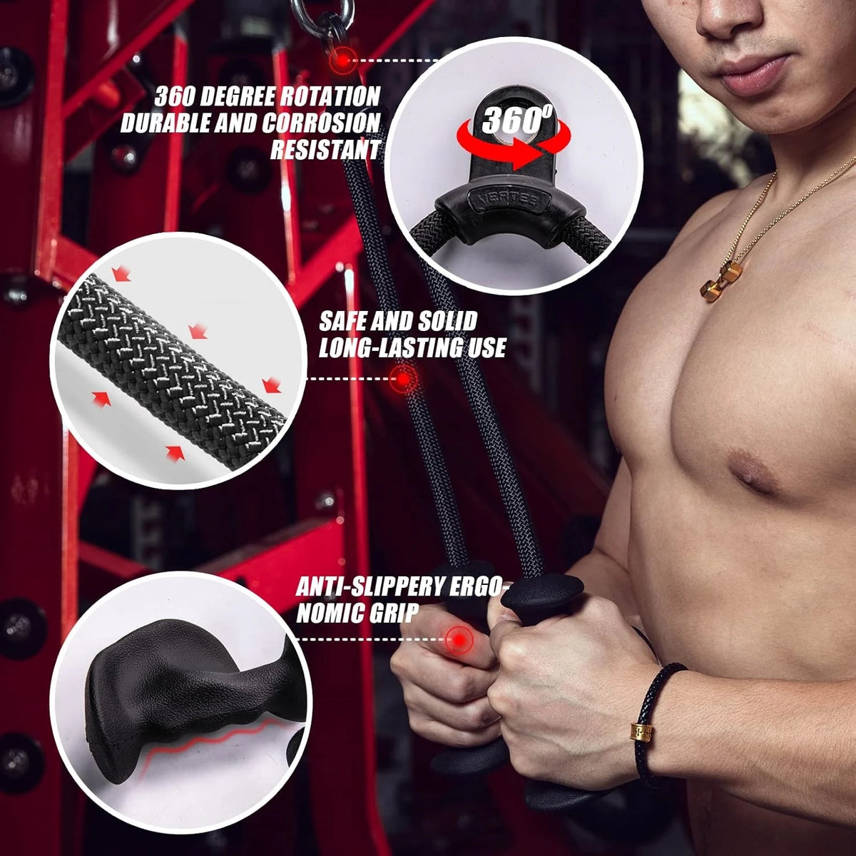 A shirtless man using a black tricep rope with insets highlighting its features.