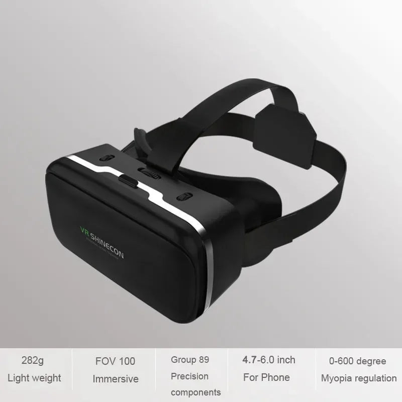 Black virtual reality headset for smartphones, featuring an adjustable strap, sleek design, and white accent trim.