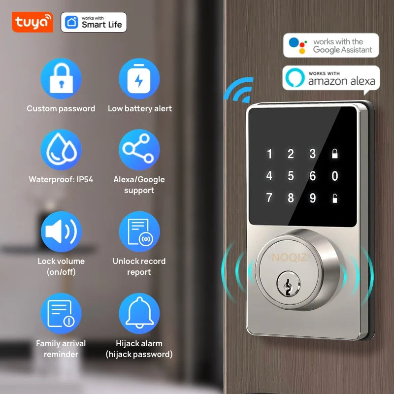 Silver smart door lock on wooden door, featuring a black touchscreen keypad and round key cylinder below.