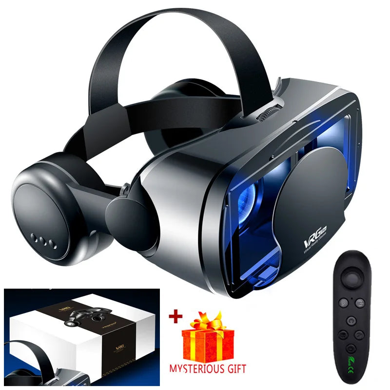 Black virtual reality headset with integrated headphones, a remote controller, and a gift box on a white background.