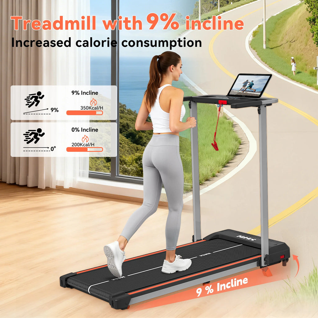 A woman running on a treadmill with a 9% incline, indoors.