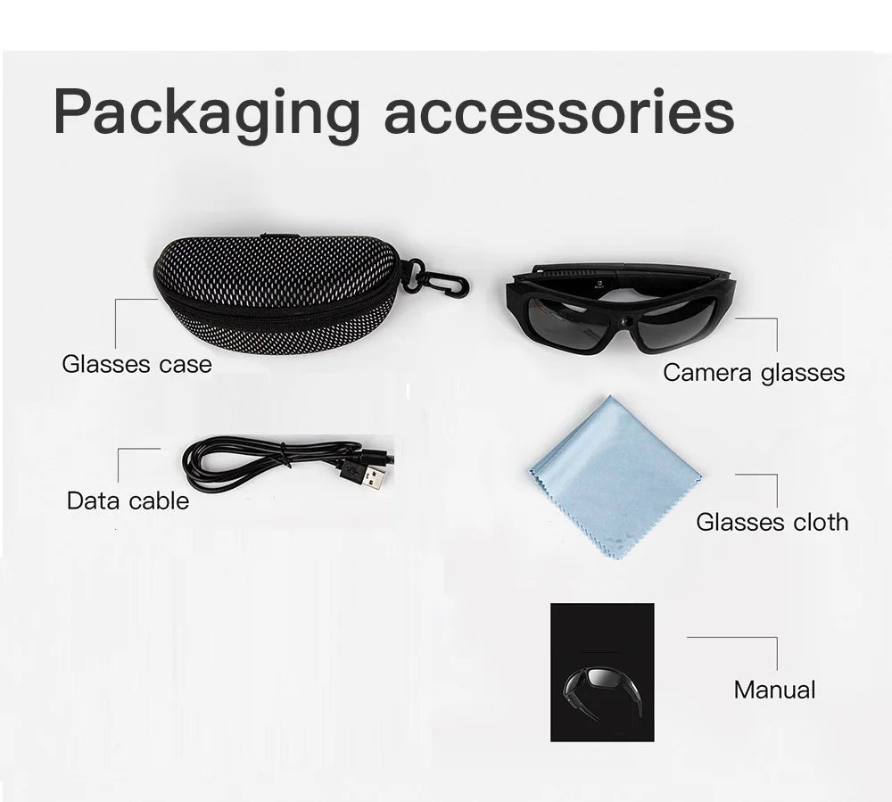 Black camera glasses kit including a mesh zippered case, USB data cable, blue cleaning cloth, and instruction manual.