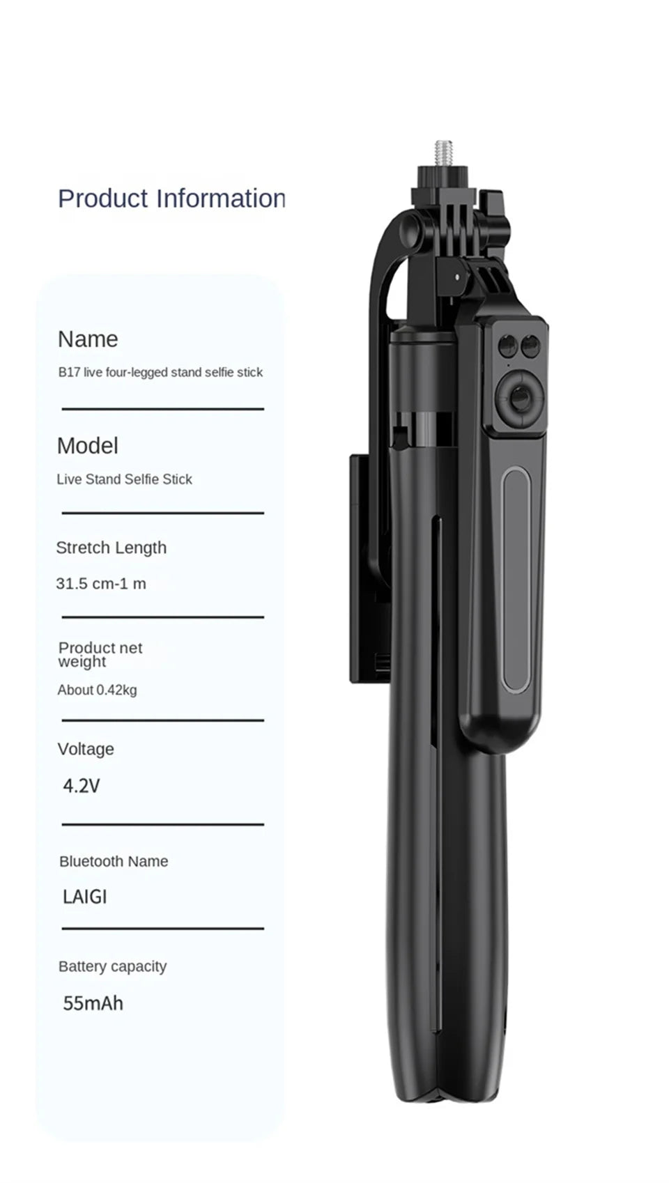 Black plastic selfie stick and tripod stand with Bluetooth remote, extending from 31.5 cm to 1 meter.