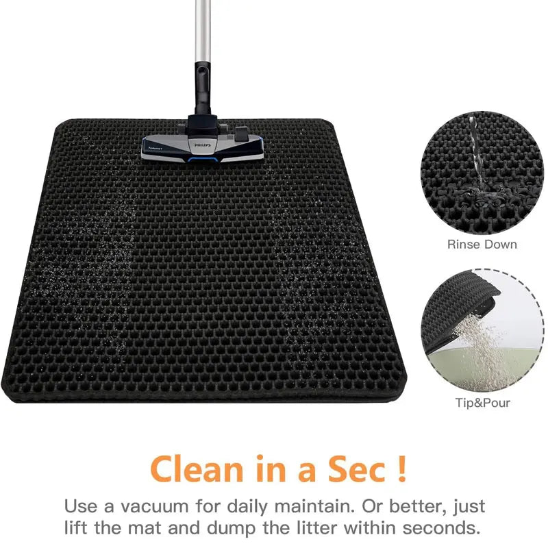 Black, double-layer honeycomb cat litter mat. Shown being vacuumed, rinsed clean, and emptied easily.