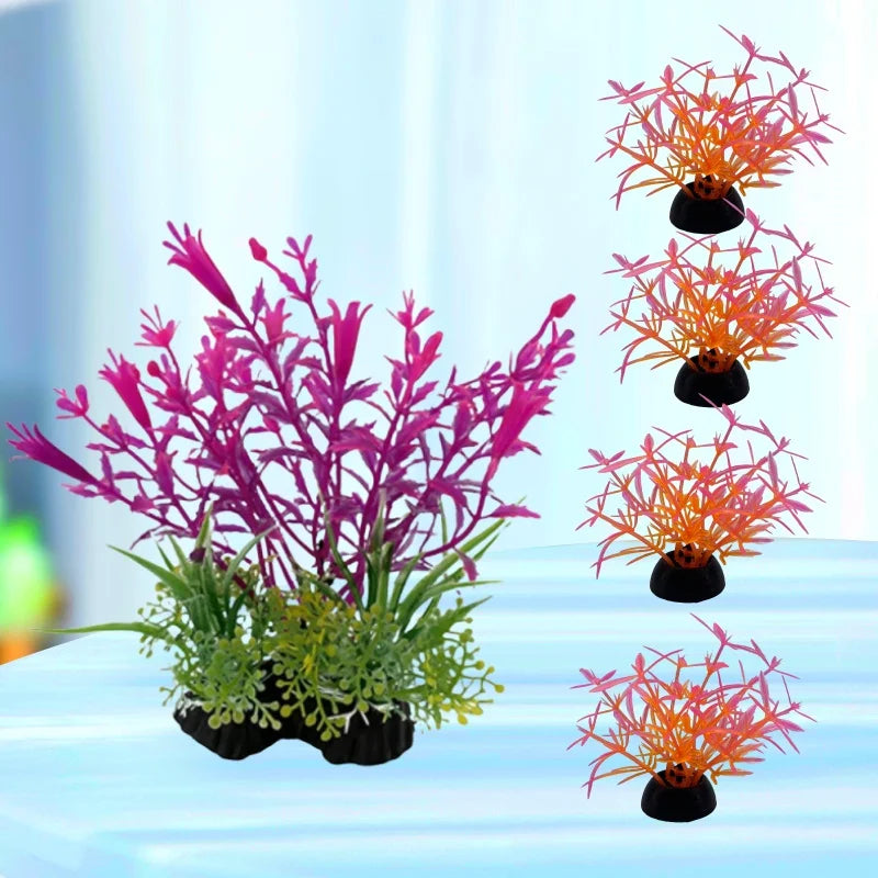 Five artificial aquarium plants with vibrant purple and orange foliage, each on a small, weighted black base.