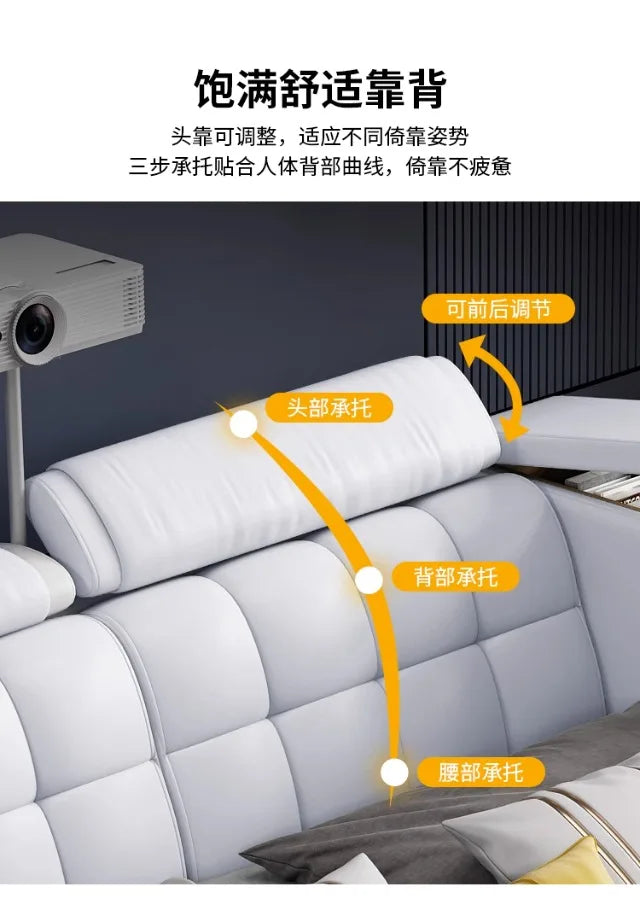 White genuine leather bed headboard with an adjustable cushioned headrest for ergonomic back and neck support.