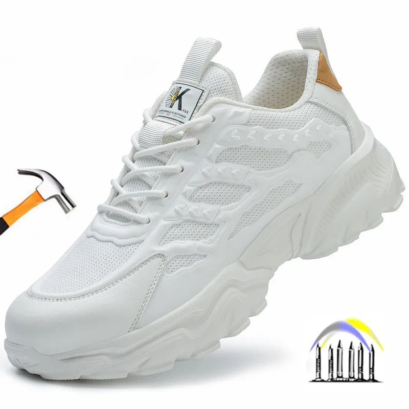 White mesh safety work sneaker with lace-up front, thick sole, steel toe, and brown heel tab accent.