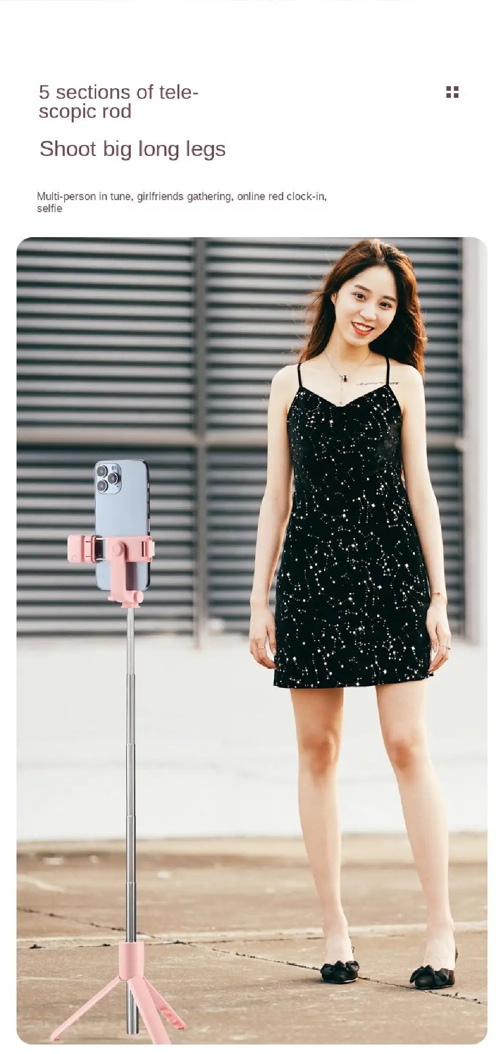Pink telescopic phone tripod stand with adjustable height, ideal for hands-free photography and selfies.