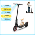 Black ATSANT S50 Ultra electric scooter with 8.5-inch tires, a Corgi on the deck, and feature icons on the left.