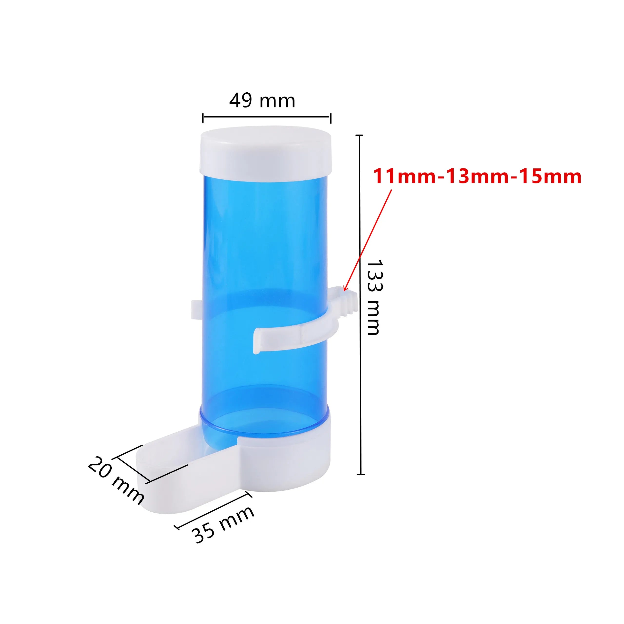 Blue and white plastic bird water feeder with annotated dimensions for sizing.