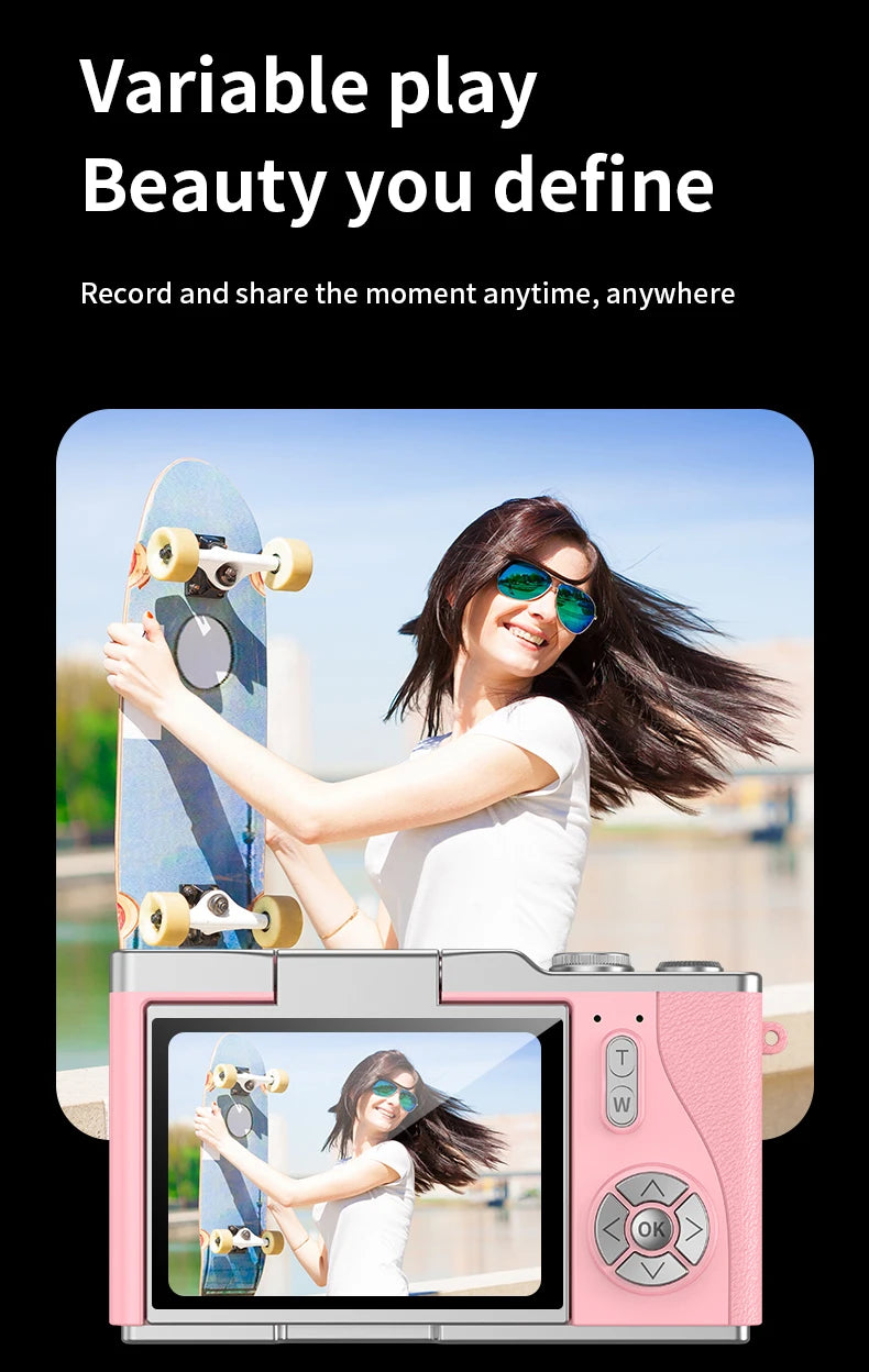 A pink digital camera with a textured grip, featuring a rear LCD screen displaying a person holding a skateboard.
