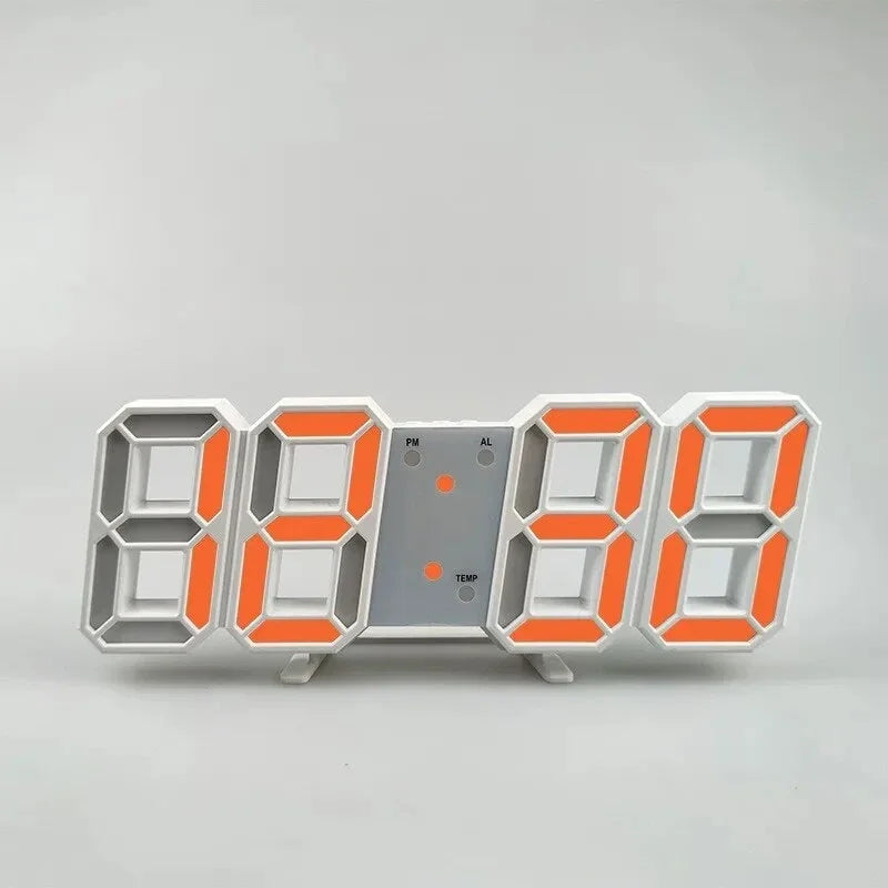Modern white digital alarm clock with orange LED display, featuring time, alarm and temperature indicators.