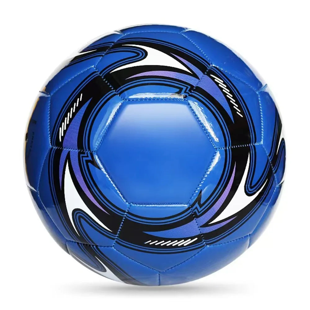 Glossy blue football with black and white curved geometric graphic patterns on a white background.