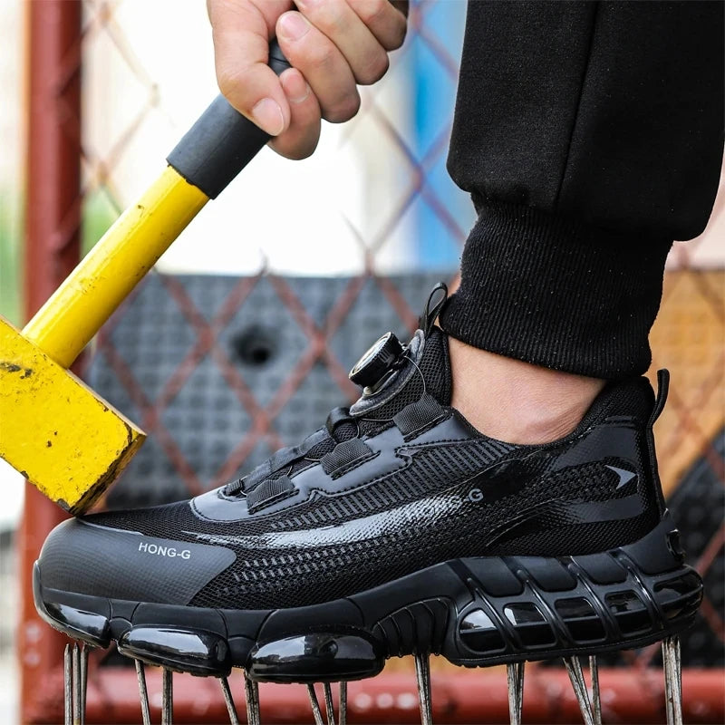 Black steel-toe work trainer with a dial-fastening system, showing impact and puncture-proof durability.