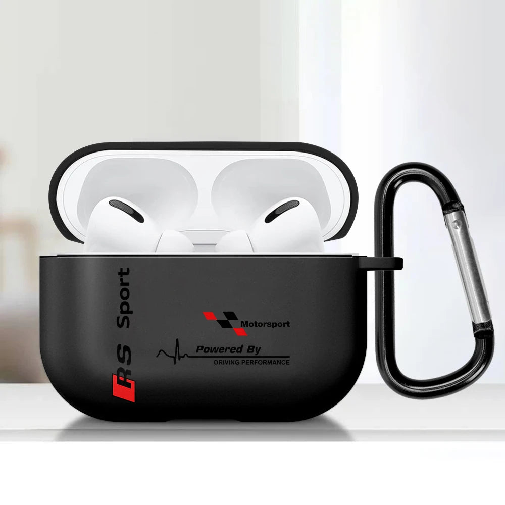 Black silicone AirPods Pro case featuring RS Sport motorsport branding and an attached black carabiner.