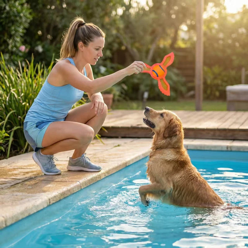 A woman holds a bright orange, three-pronged floating ring toy for her Golden Retriever by a swimming pool.