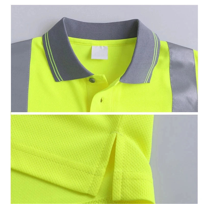 High-visibility neon yellow polo shirt with grey collar and reflective shoulder strips. Mesh fabric with side vents.