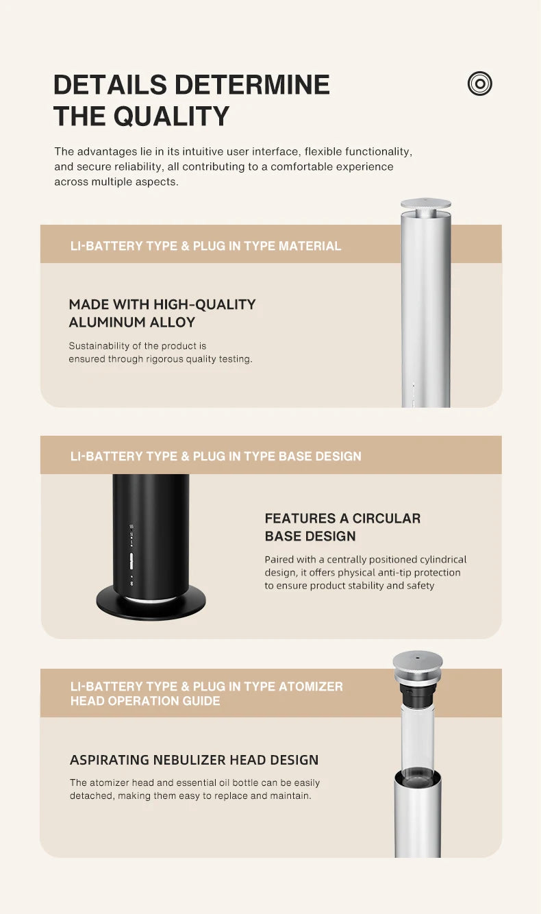Sleek cylindrical smart aroma diffuser in black or silver aluminium, featuring a stable circular base and easy-refill head.