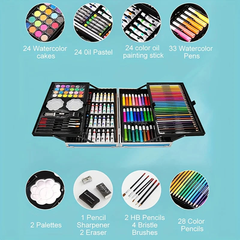 Deluxe art set in a black folding carry case, featuring paints, pastels, watercolour pens, pencils, brushes, and tools.