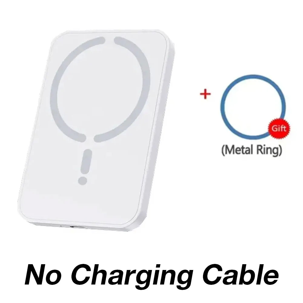 White magnetic wireless power bank with a circular design, including a complimentary metal ring. No charging cable.