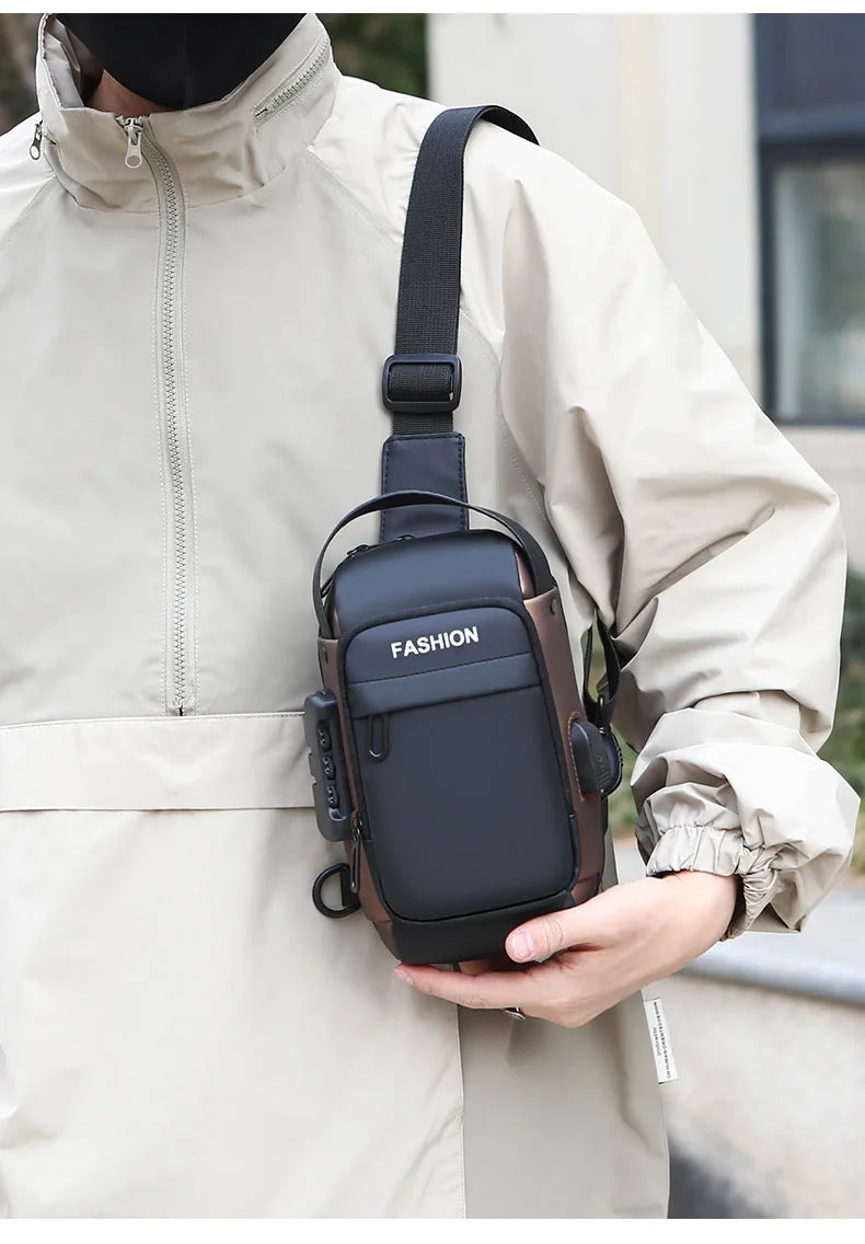 Black anti-theft crossbody sling bag with a USB charging port and secure combination lock, worn over the shoulder.