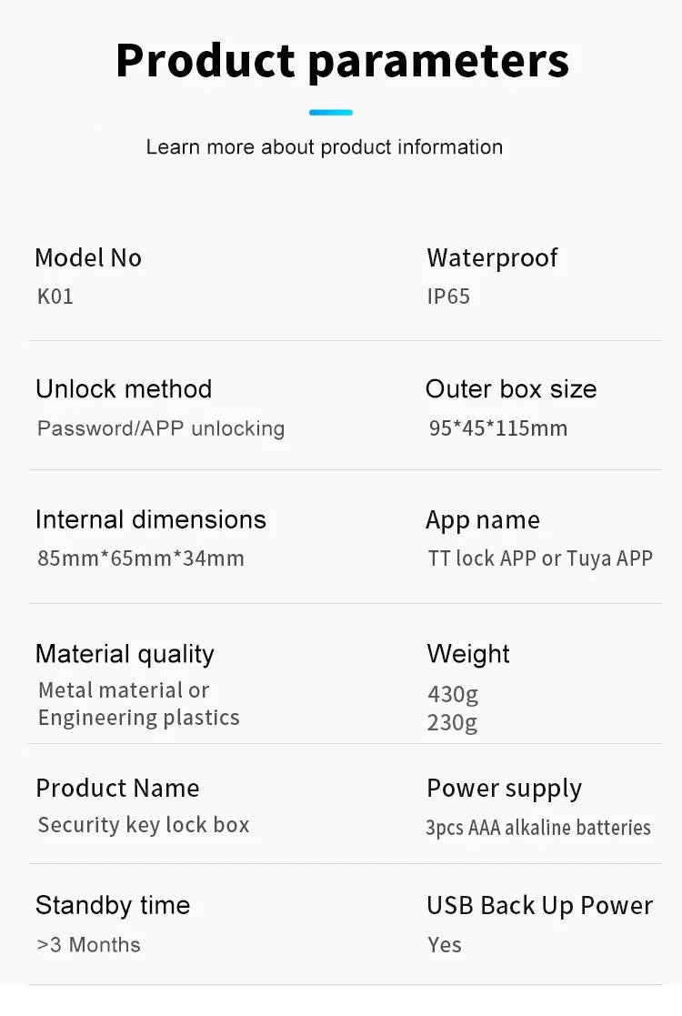 Table listing specifications for a metal or plastic security key lock box with IP65, app/password access, and AAA power.