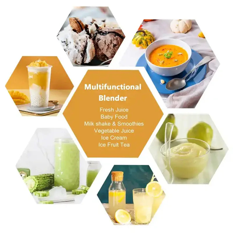 A hexagon-themed collage showing a multifunctional blender used to make smoothies, soups, ice cream, and fresh juices.