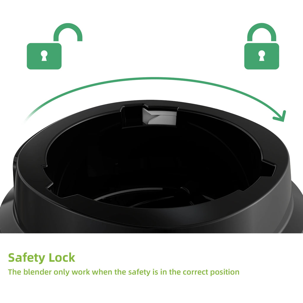 Black blender base with a safety lock mechanism illustrated by green unlocked and locked icons and a curved arrow.