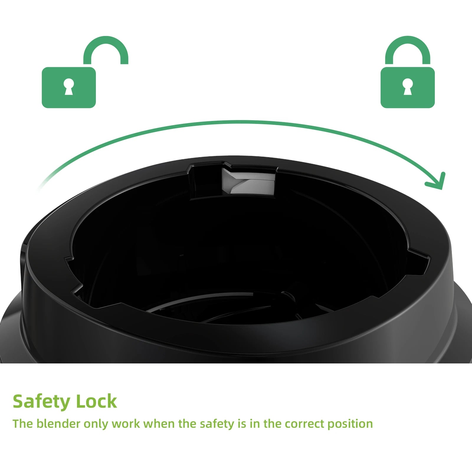 Black blender base with a safety lock mechanism illustrated by green unlocked and locked icons and a curved arrow.