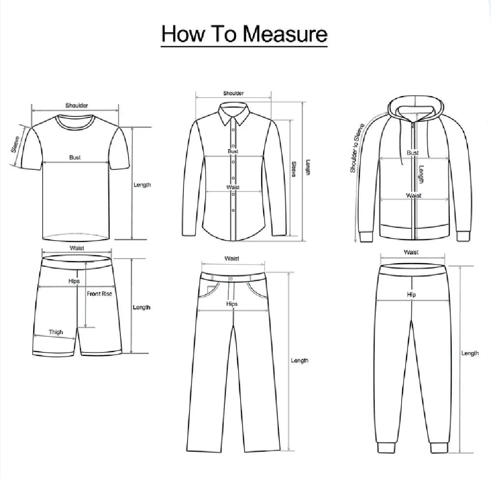 Size guide diagram showing measurement points for T-shirts, shirts, hoodies, shorts, and trousers.