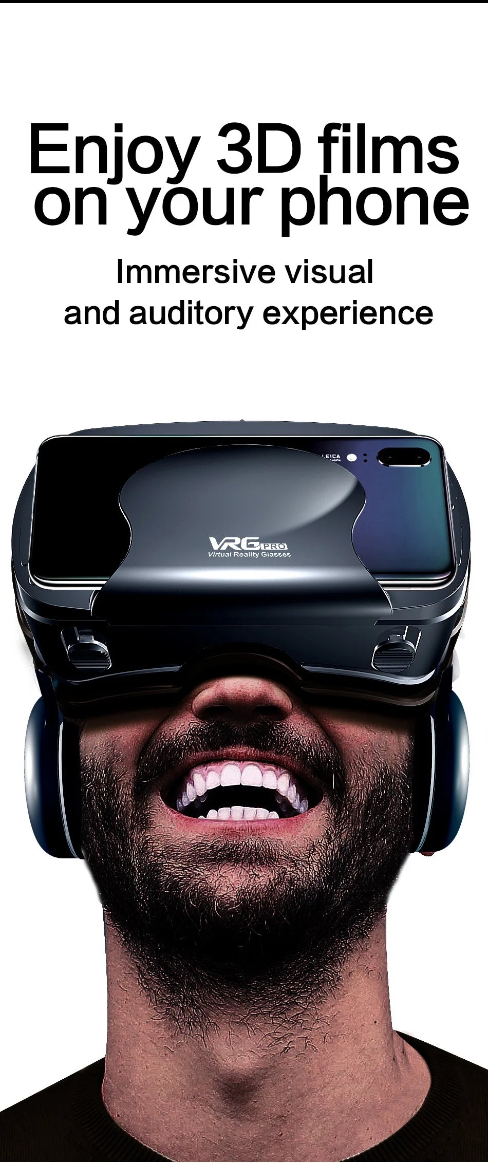 Man wearing black VR headset with built-in headphones, designed for smartphones, on a white background.