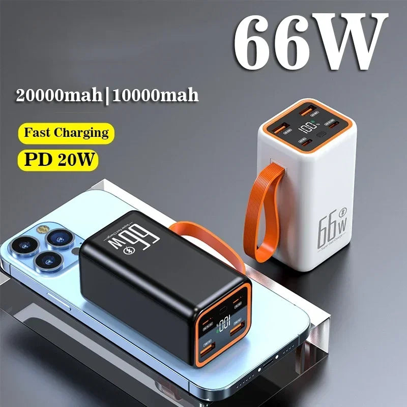 Black and white 20,000mAh portable power banks with orange accents, carry straps, and digital battery displays.