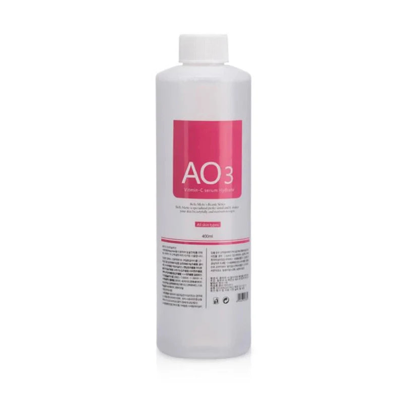 400ml clear plastic bottle of Vitamin C hydrating serum with a white cap and pink product label for all skin types.
