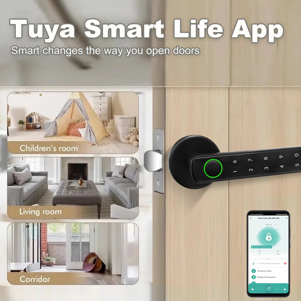 Matte black metal smart door handle with integrated fingerprint scanner, digital keypad, and app connectivity.