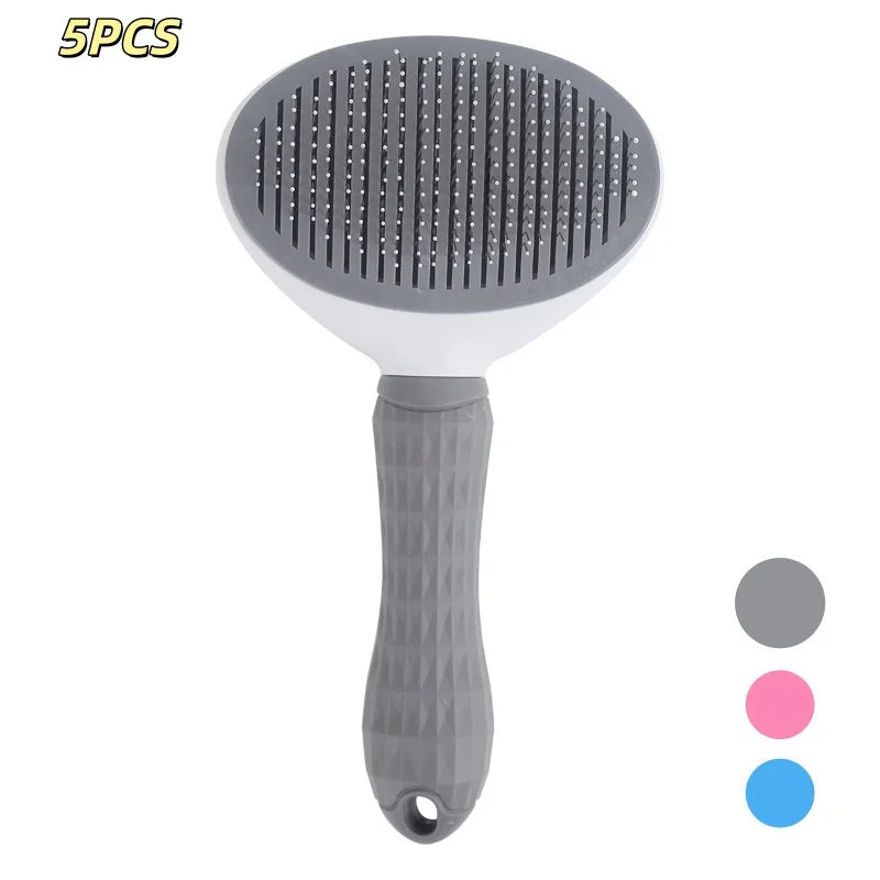 Grey and white oval pet slicker brush with a textured handle, featuring fine metal pins for grooming.