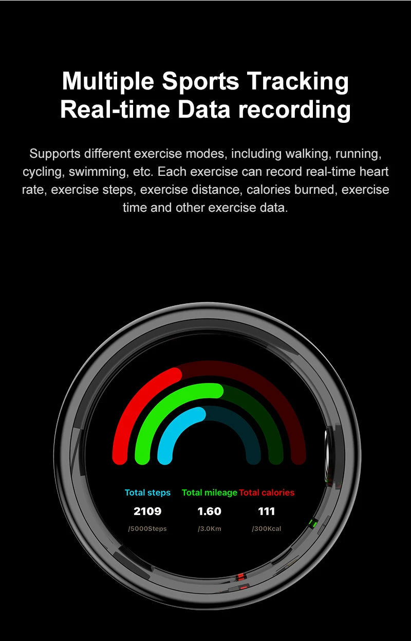 Sleek black fitness ring displaying colourful activity rings for steps, distance, and calories on a dark background.