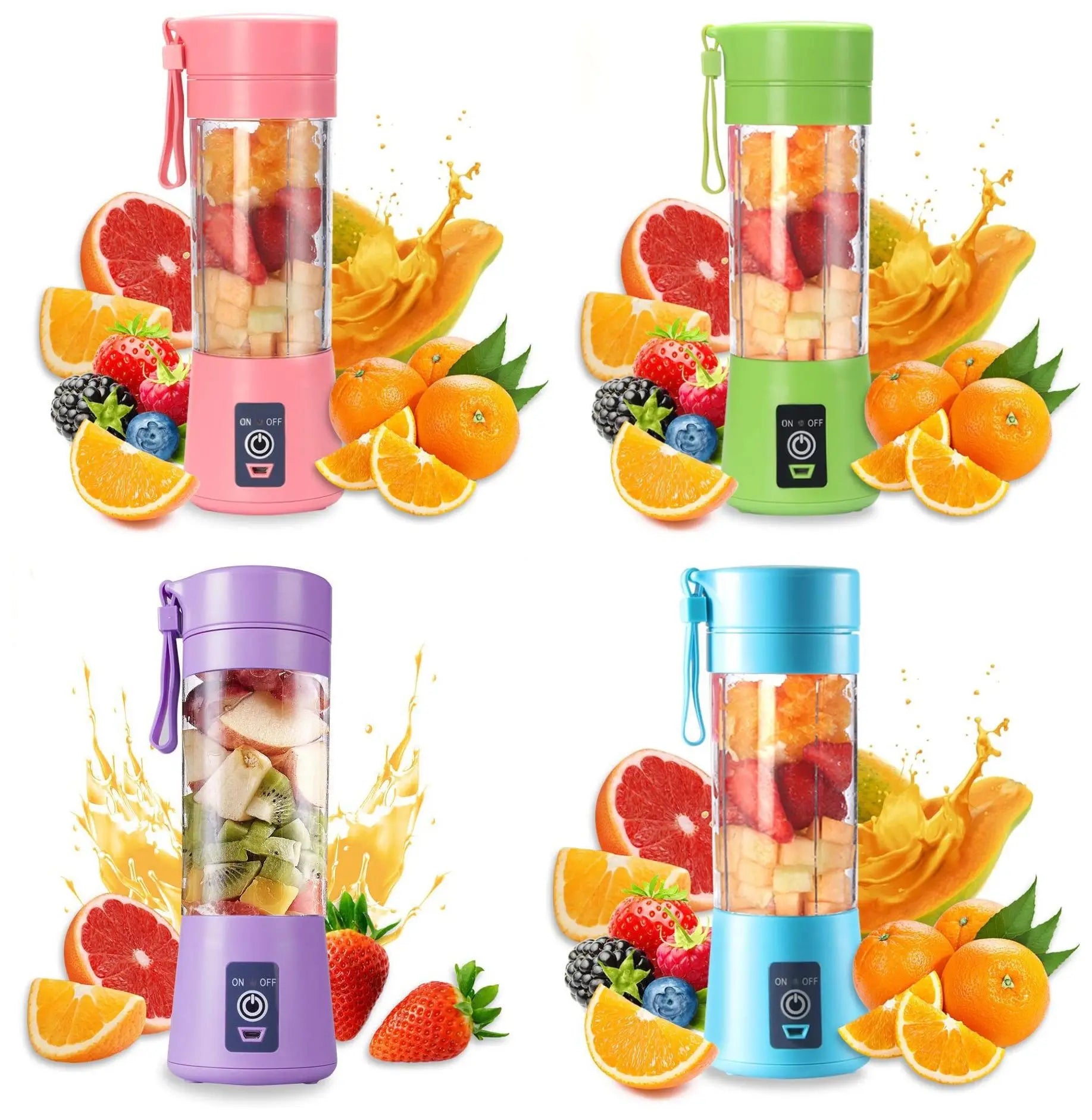 Four portable blenders in pink, green, purple, and blue, surrounded by fresh fruit and splashes of juice.