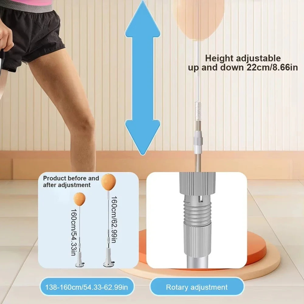 Height-adjustable punching bag with stand, featuring an orange speed bag and rotary height adjustment mechanism.