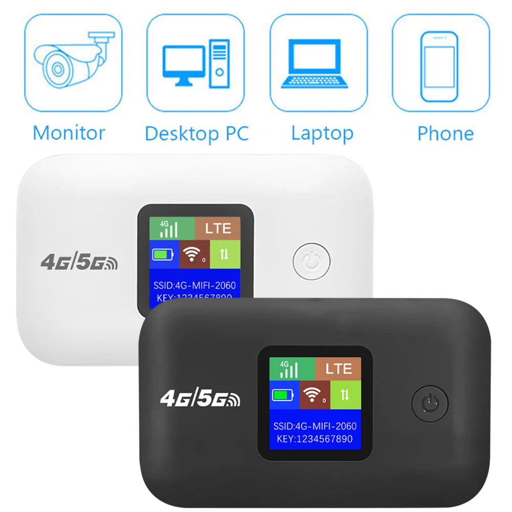 White and black portable 4G LTE mobile Wi-Fi routers with digital status screens, compatible with various devices.
