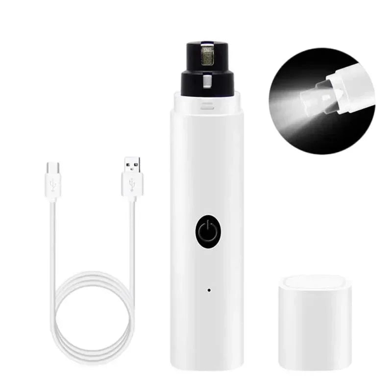 White rechargeable pet nail grinder with LED light, protective cap, and USB charging cable.